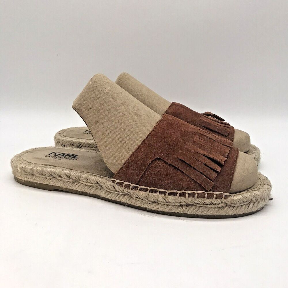 Karl Lagerfeld Euler Slides Women's size 8 Brown Suede Flat Espadrille Sandals